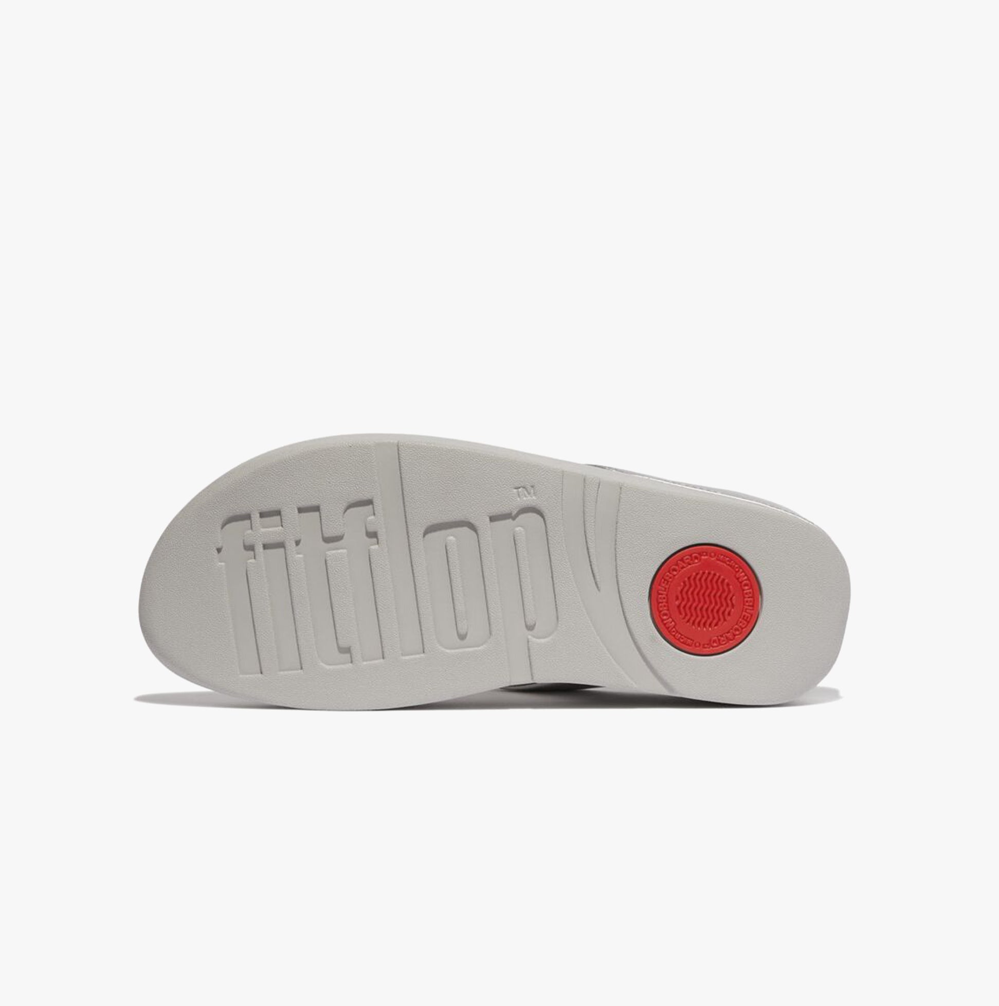 FitFlop FINO BAUBLE-BEAD Womens Toe Post Sandals Silver sole view with logo and red detail.