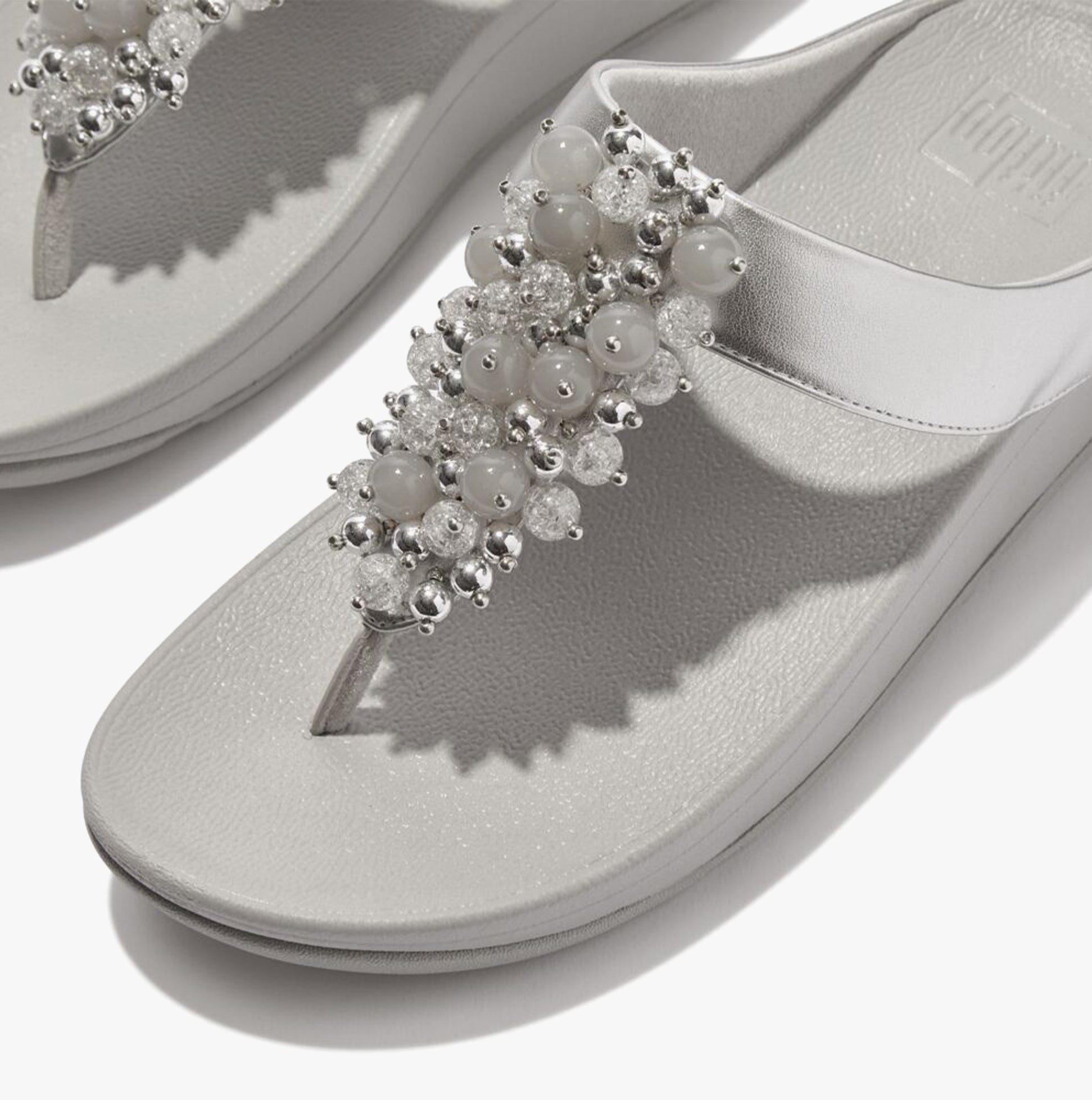FitFlop FINO BAUBLE-BEAD Womens Toe Post Sandals Silver detail view with decorative beads on the strap