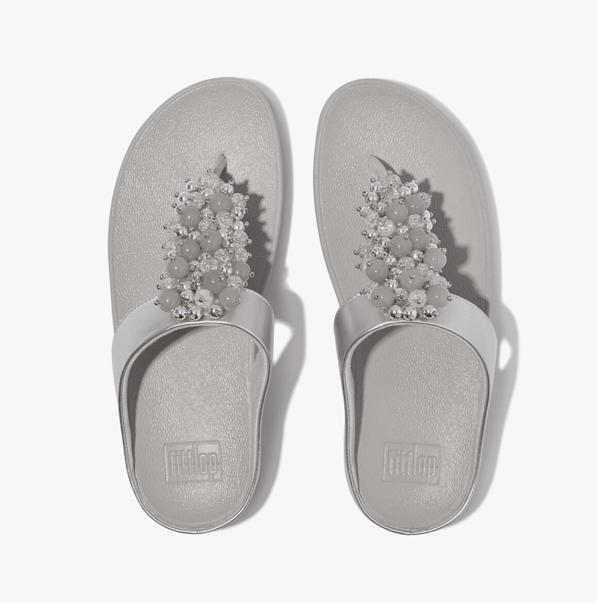 FitFlop FINO BAUBLE-BEAD Womens Toe Post Sandals Silver overhead view showing bead details and slip-on design.