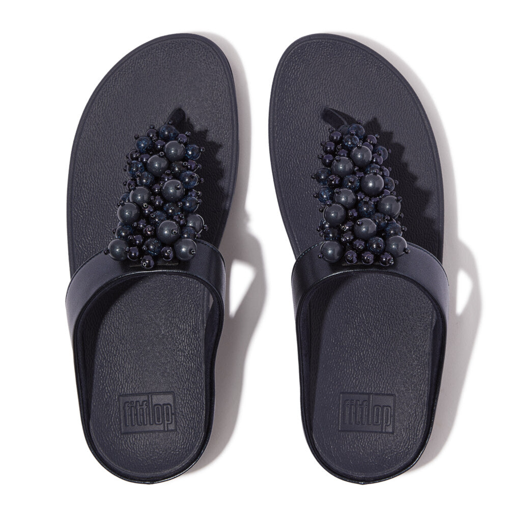 FitFlop FINO BAUBLE-BEAD Womens Toe Post Sandals Midnight Navy top view with decorative beads and comfortable strap.