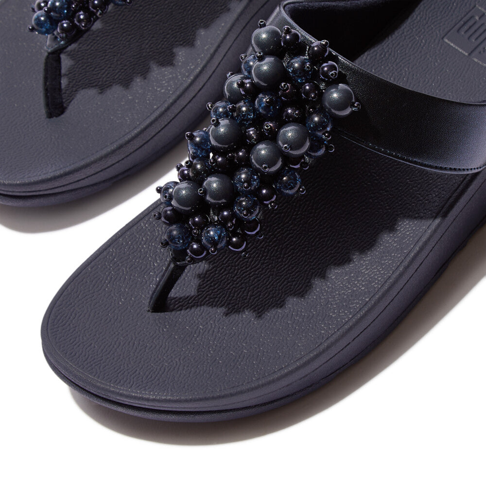 FitFlop FINO BAUBLE-BEAD Womens Toe Post Sandals Midnight Navy detail view showing beaded design.