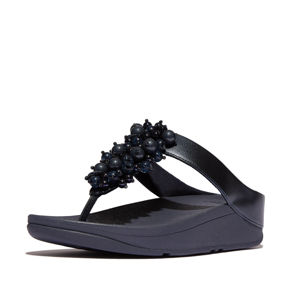 FitFlop FINO BAUBLE-BEAD Womens Toe Post Sandals Midnight Navy side view showcasing the stylish bead detailing and comfortable design.