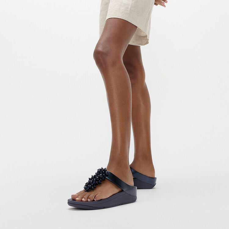 FitFlop FINO BAUBLE-BEAD Womens Toe Post Sandals Midnight Navy side view worn with casual outfit