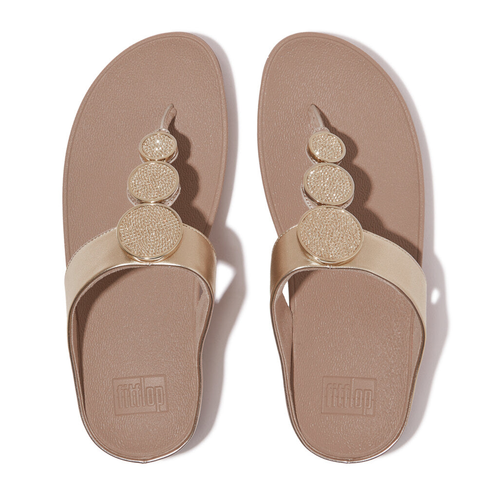 FitFlop HALO BEAD-CIRCLE Womens Toe Post Sandals Metallic Latte Beige top view showcasing beaded design and slip-on style.