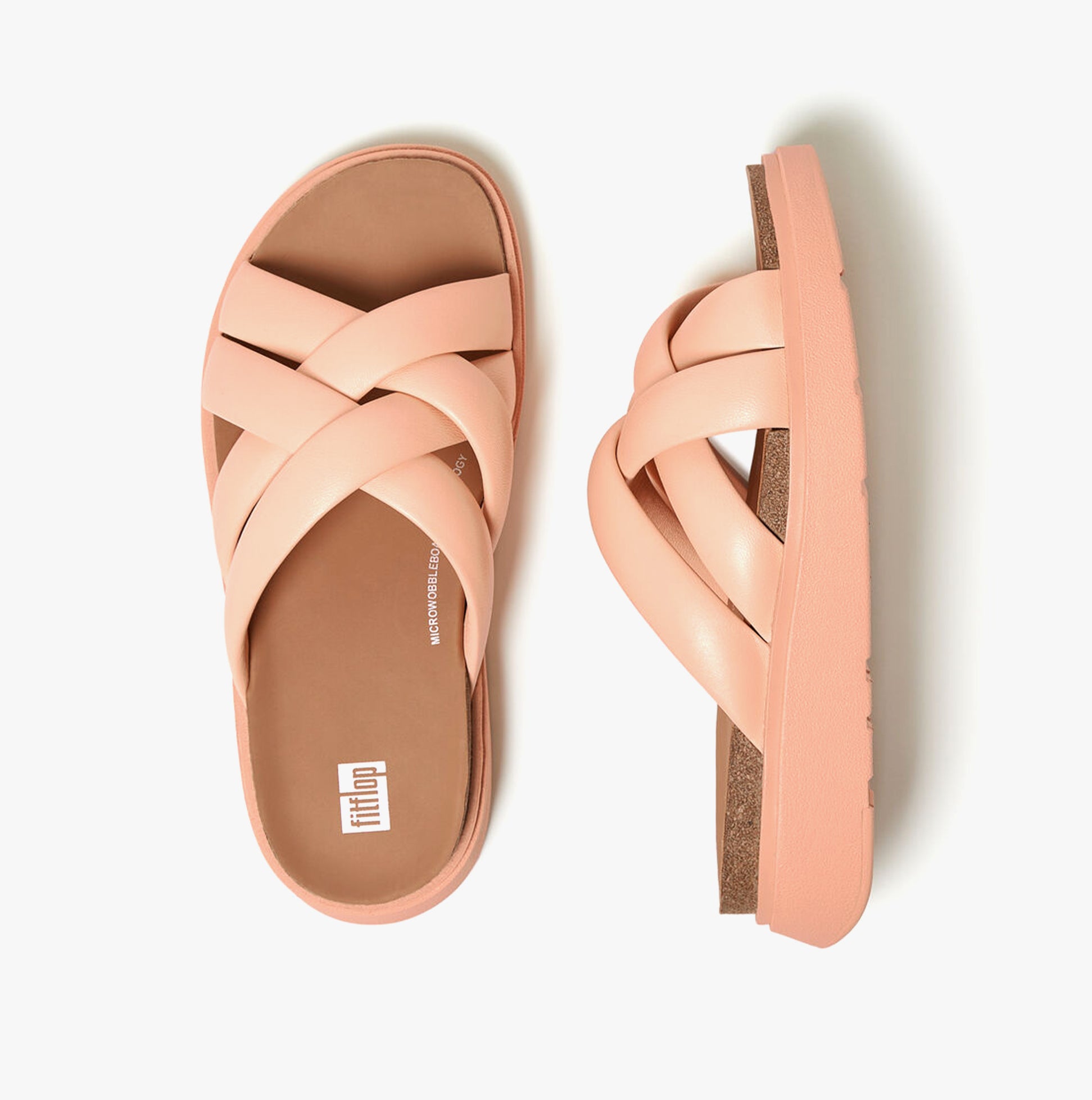 FitFlop GEN-FF PADDED-STRAP Womens Slides Blushy top view showcasing the cross strap design and soft pink leather.