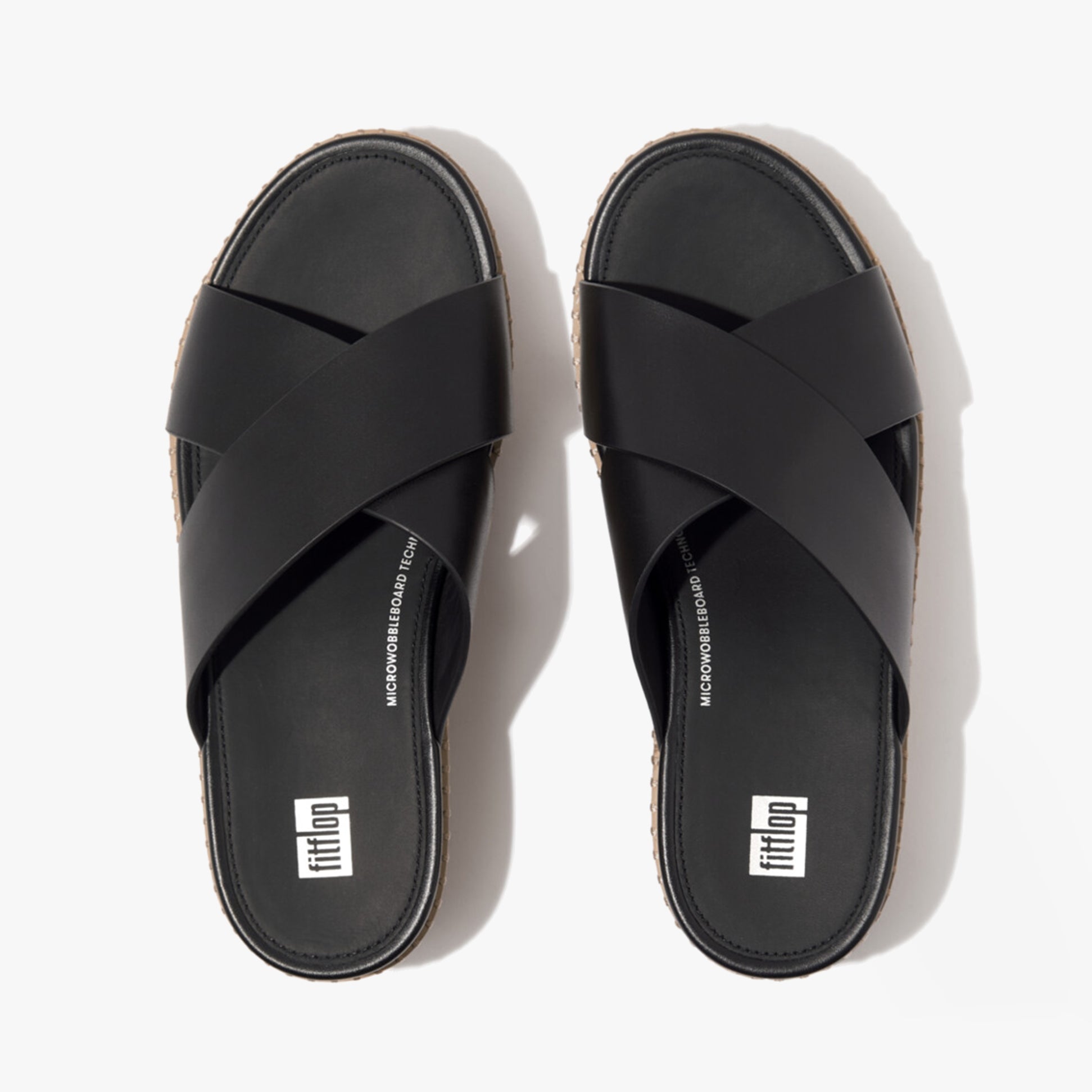 FitFlop ELOISE LEATHER Womens Cross Slides Black overhead view featuring cross leather straps
