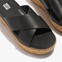 FitFlop ELOISE LEATHER Womens Cross Slides Black detail view with cross strap design and wedge sole.