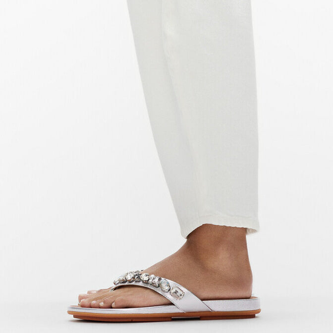 FitFlop GRACIE JEWEL-DELUXE Womens Flip Flops Silver side view showcasing the elegant design and comfort features.