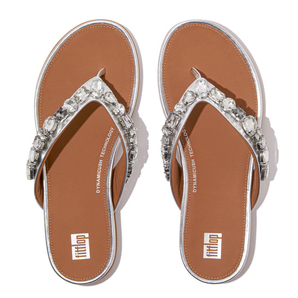 FitFlop GRACIE JEWEL-DELUXE Womens Flip Flops Silver top view showcasing the embellished upper and comfortable sole.