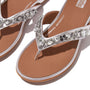 FitFlop GRACIE JEWEL-DELUXE Womens Flip Flops Silver detail view with jeweled strap and brown sole.