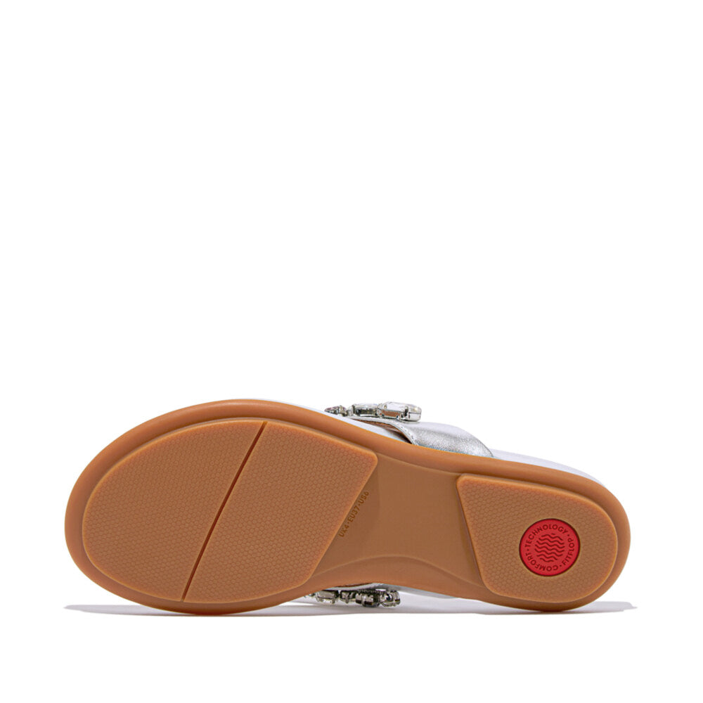 FitFlop GRACIE JEWEL-DELUXE Womens Flip Flops Silver bottom view showcasing rubber sole.