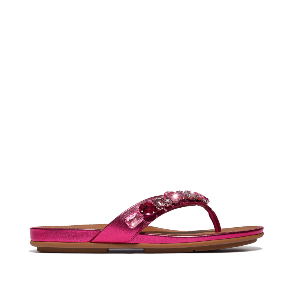 FitFlop GRACIE JEWEL-DELUXE Womens Flip Flops Metallic Wild Raspberry side view showcasing leather upper and decorative jewels.