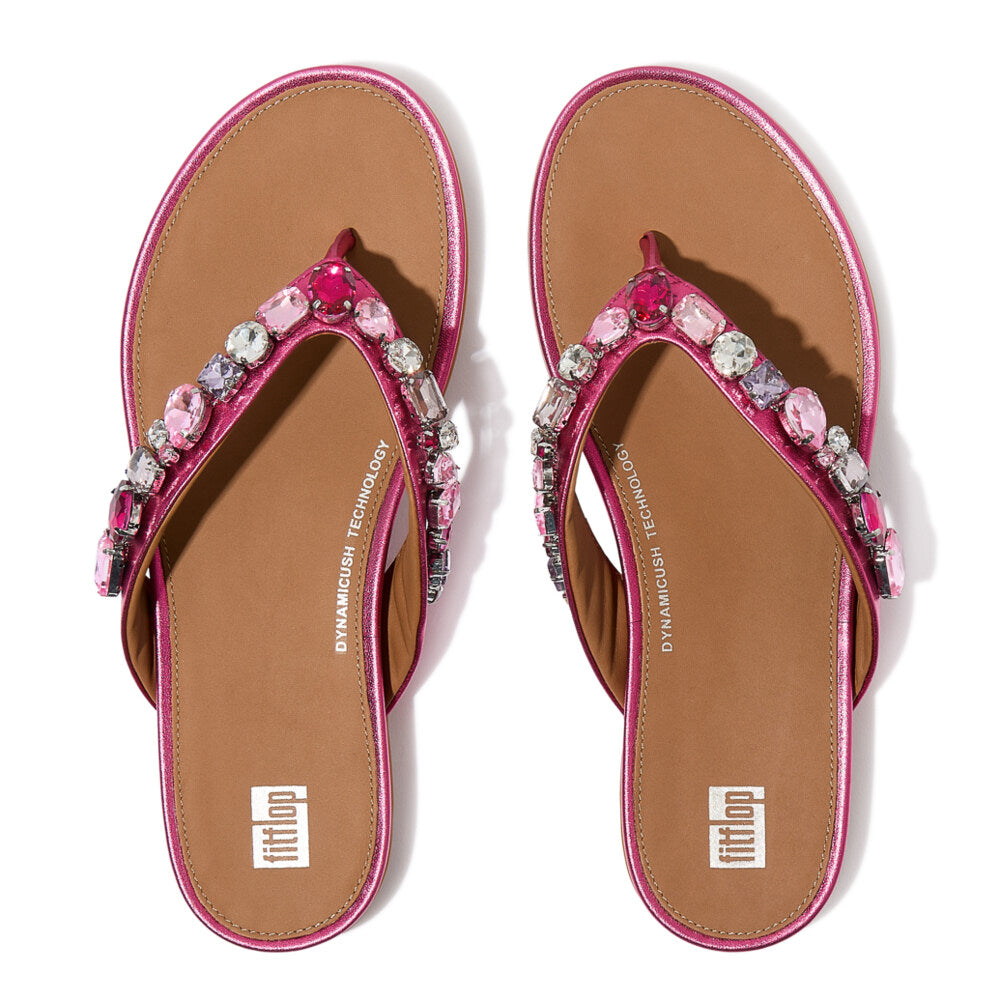 FitFlop GRACIE JEWEL-DELUXE Womens Flip Flops Metallic Wild Raspberry top view showcasing the sparkling jeweled strap.