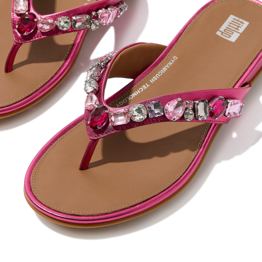 FitFlop GRACIE JEWEL-DELUXE Womens Flip Flops Metallic Wild Raspberry detail view with jewels and pink straps.