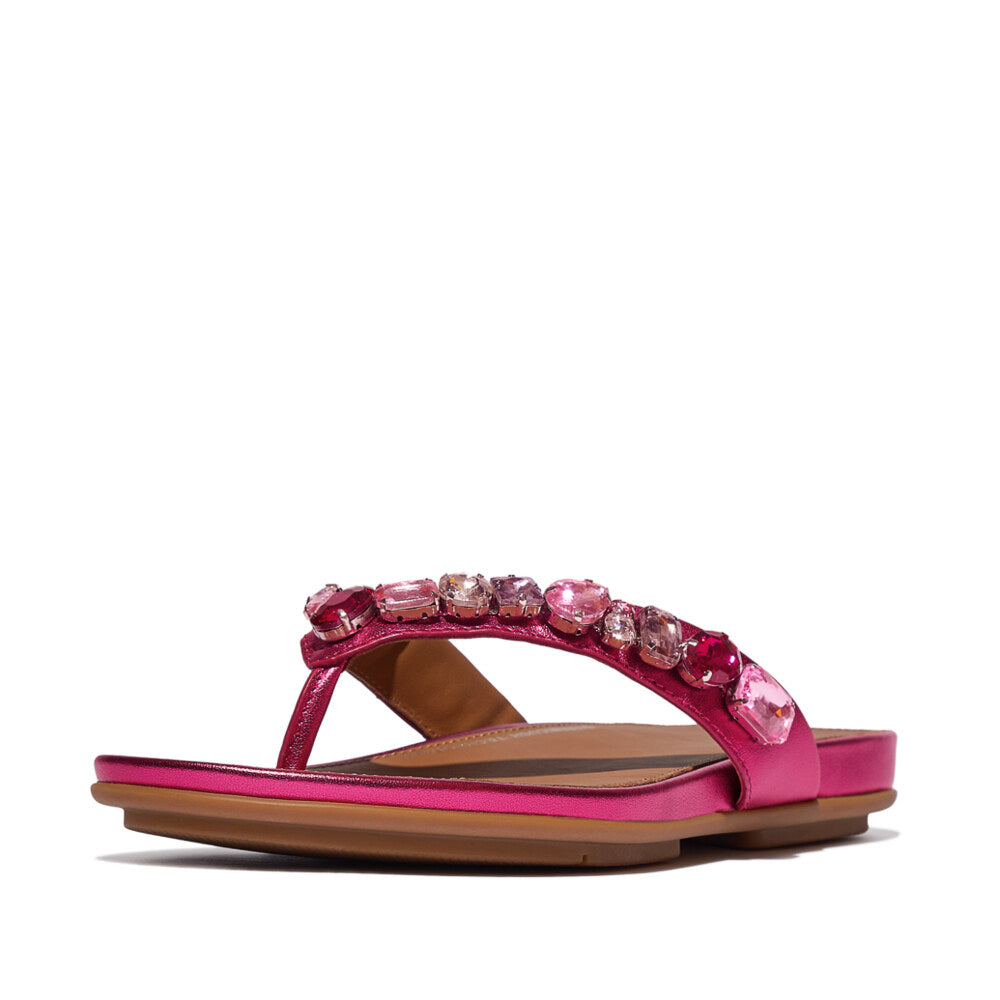 FitFlop GRACIE JEWEL-DELUXE Womens Flip Flops Metallic Wild Raspberry side view with jeweled strap and flat rubber sole.