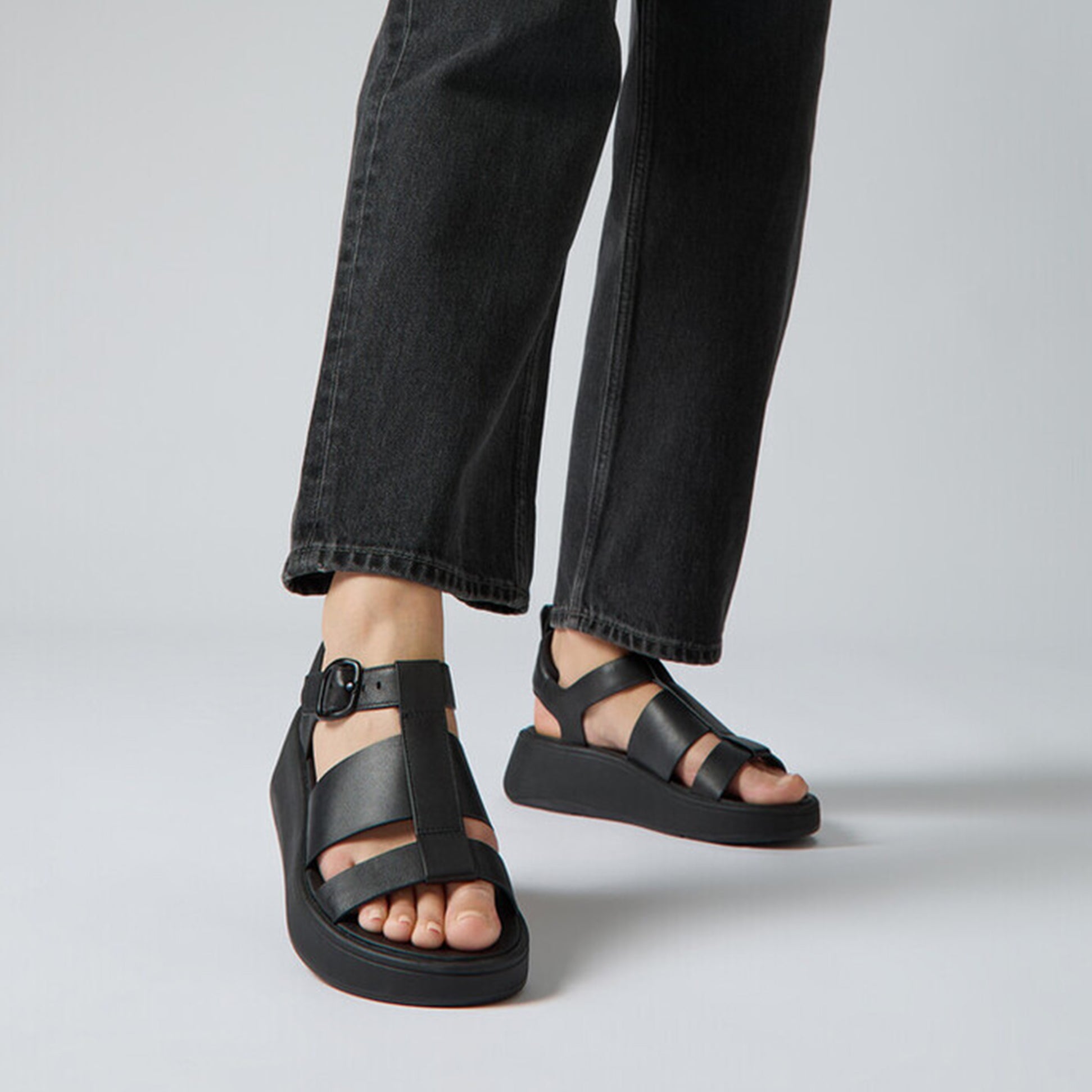 FitFlop F-MODE LEATHER Womens Ankle Strap Sandals Black