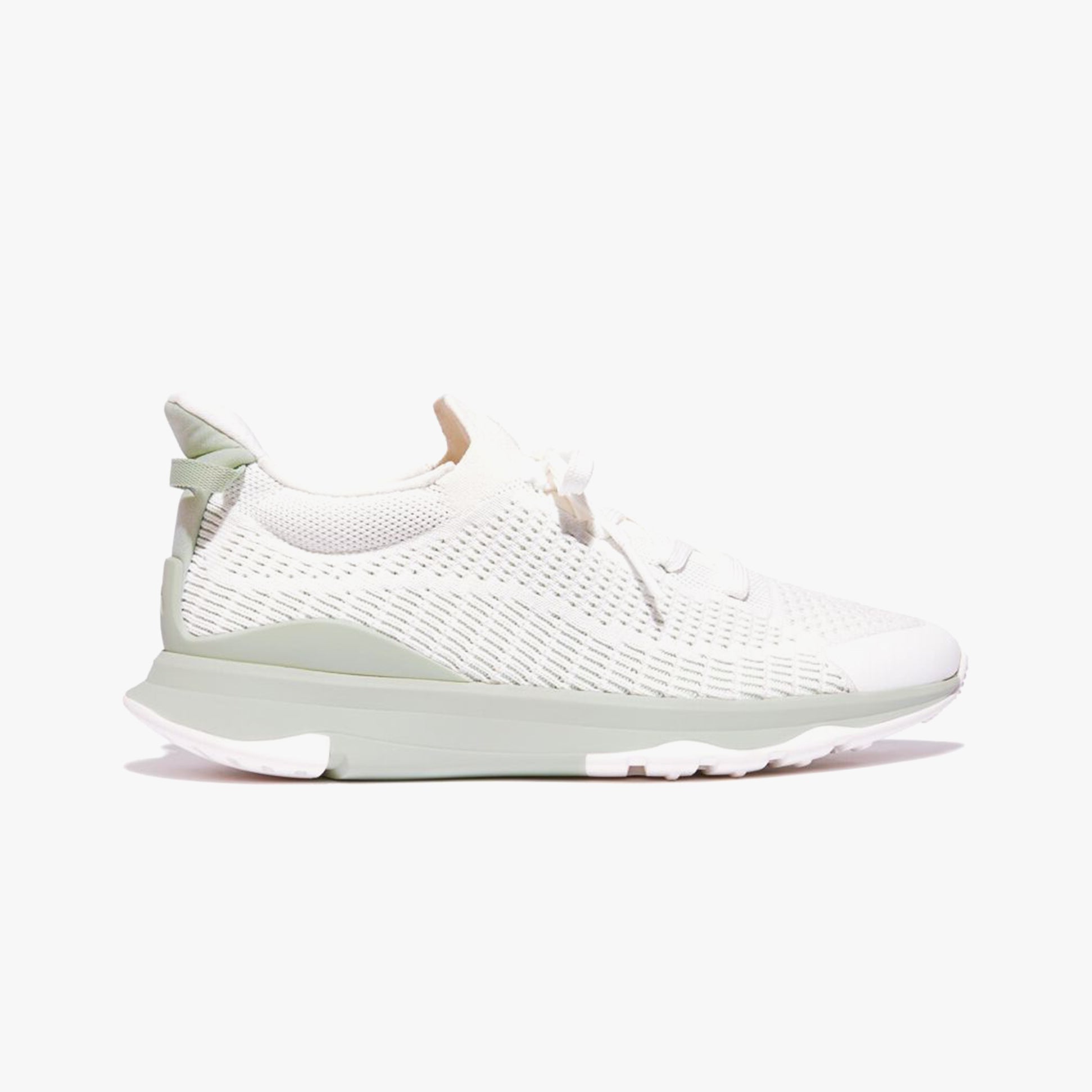 FitFlop VITAMIN FFX KNIT Womens Trainers Urban White/Sagebrush side view with lace-up closure and low top design.