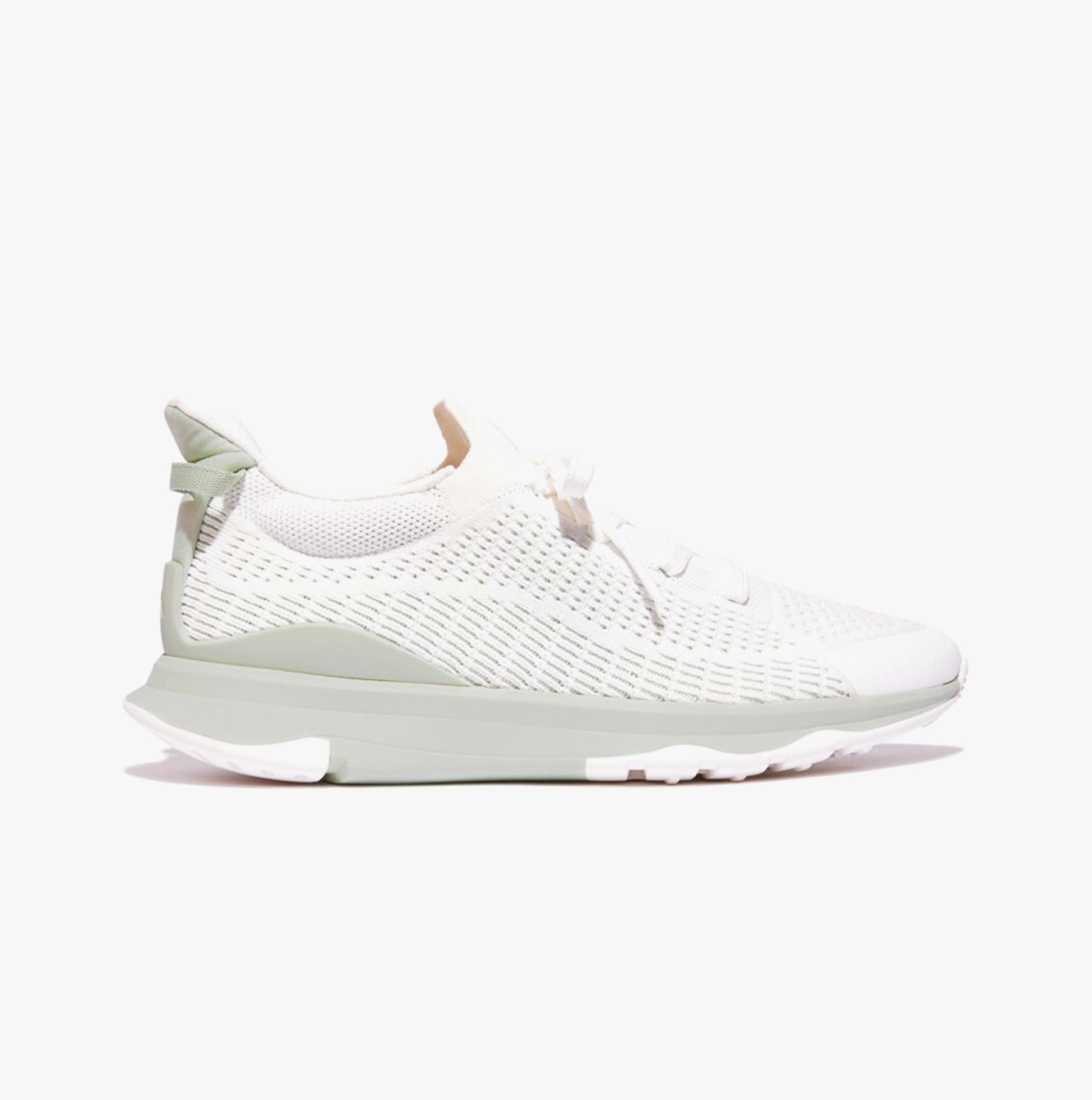 FitFlop VITAMIN FFX KNIT Womens Trainers Urban White/Sagebrush side view with lace-up closure and low top design.