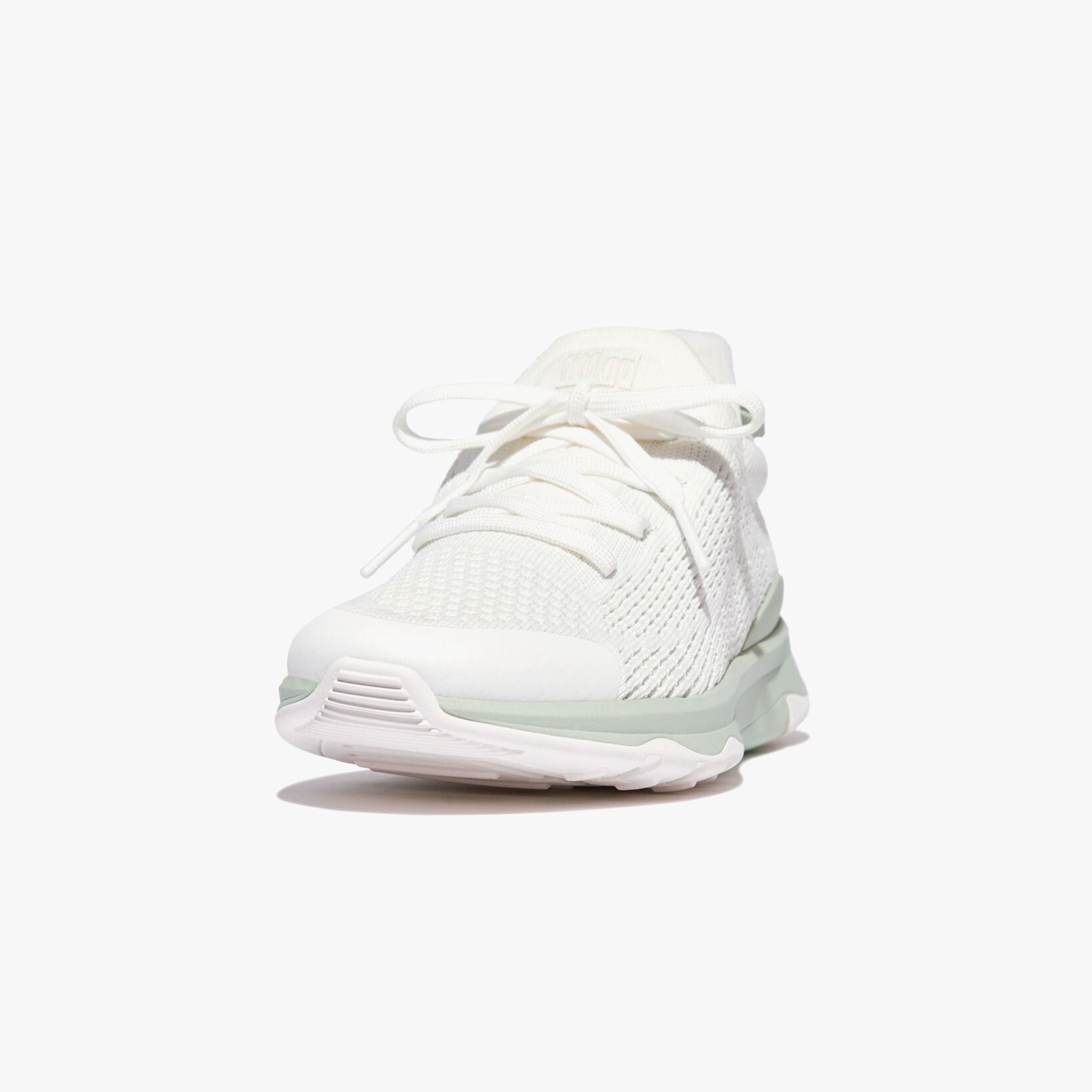 FitFlop VITAMIN FFX KNIT Womens Trainers Urban White/Sagebrush front view with lace-up closure and round toe.