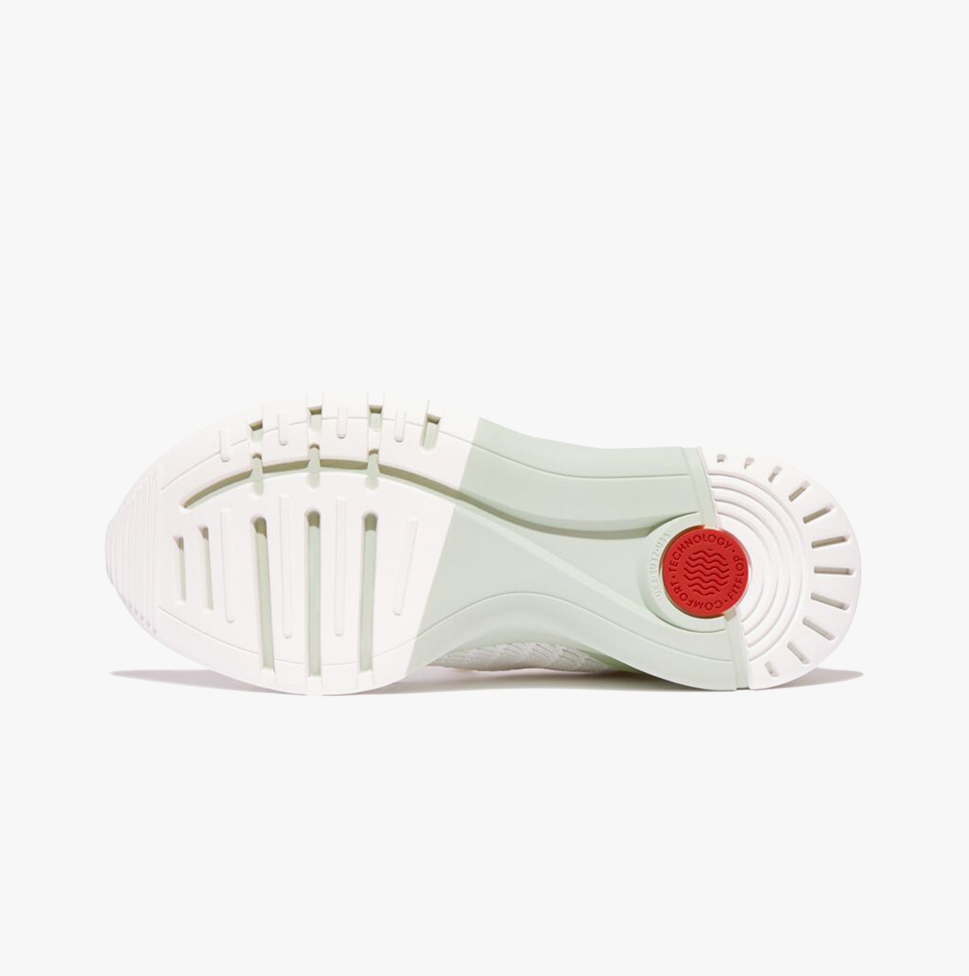 FitFlop VITAMIN FFX KNIT Womens Trainers Urban White/Sagebrush bottom view showing rubber sole design and details.
