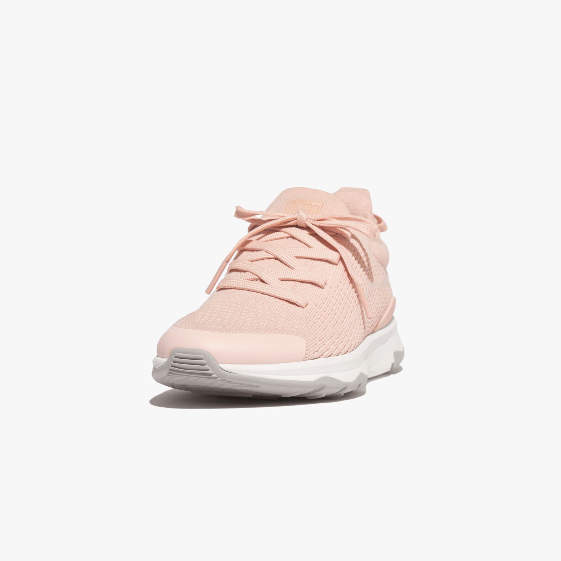 FitFlop VITAMIN FFX KNIT Womens Trainers Rose Foam/Urban White front view with lace-up closure and rounded toe shape.