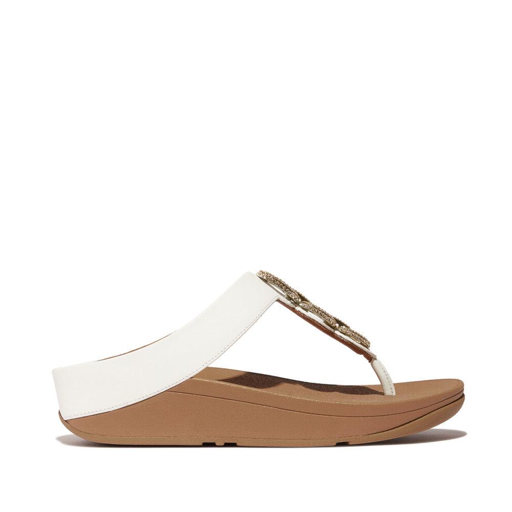 FitFlop FINO CRYSTAL-CHAIN Womens Toe Post Sandals Urban White side view showcasing leather upper and platform sole.