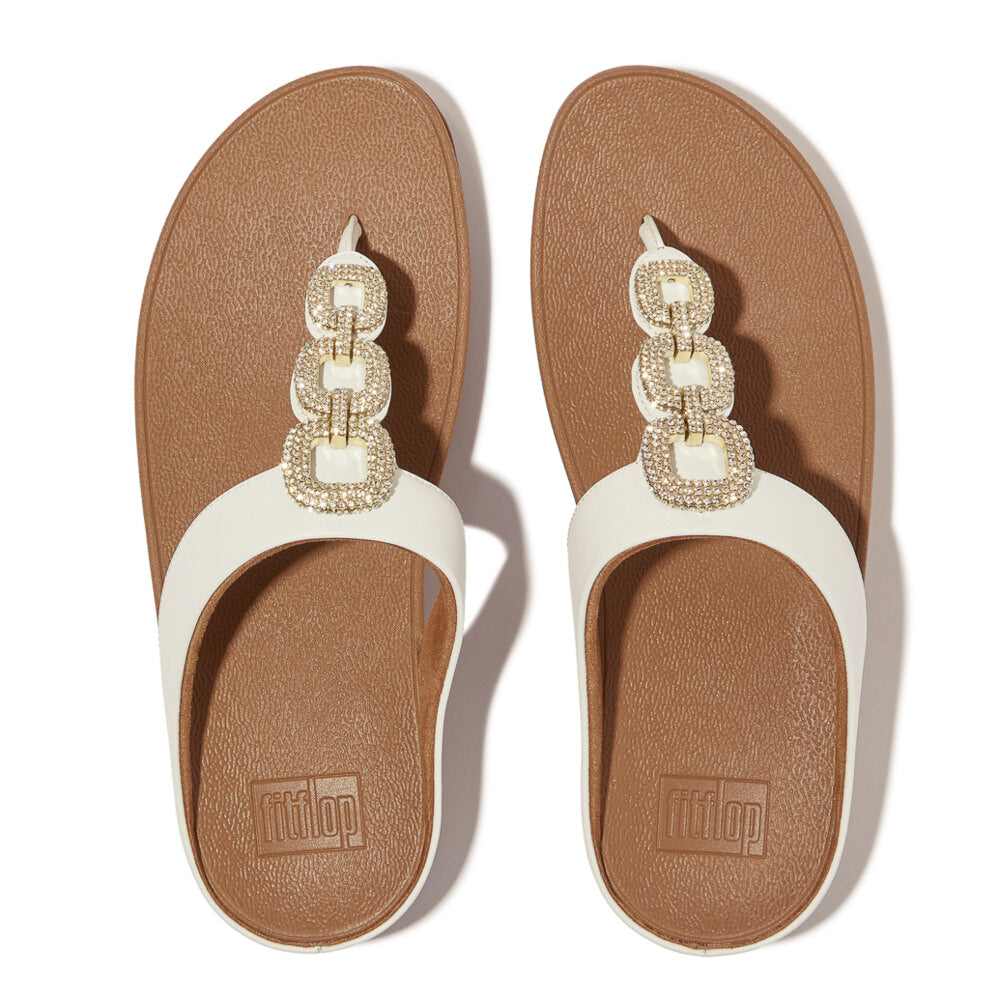 FitFlop FINO CRYSTAL-CHAIN Womens Toe Post Sandals Urban White top view with decorative chain detail on strap.