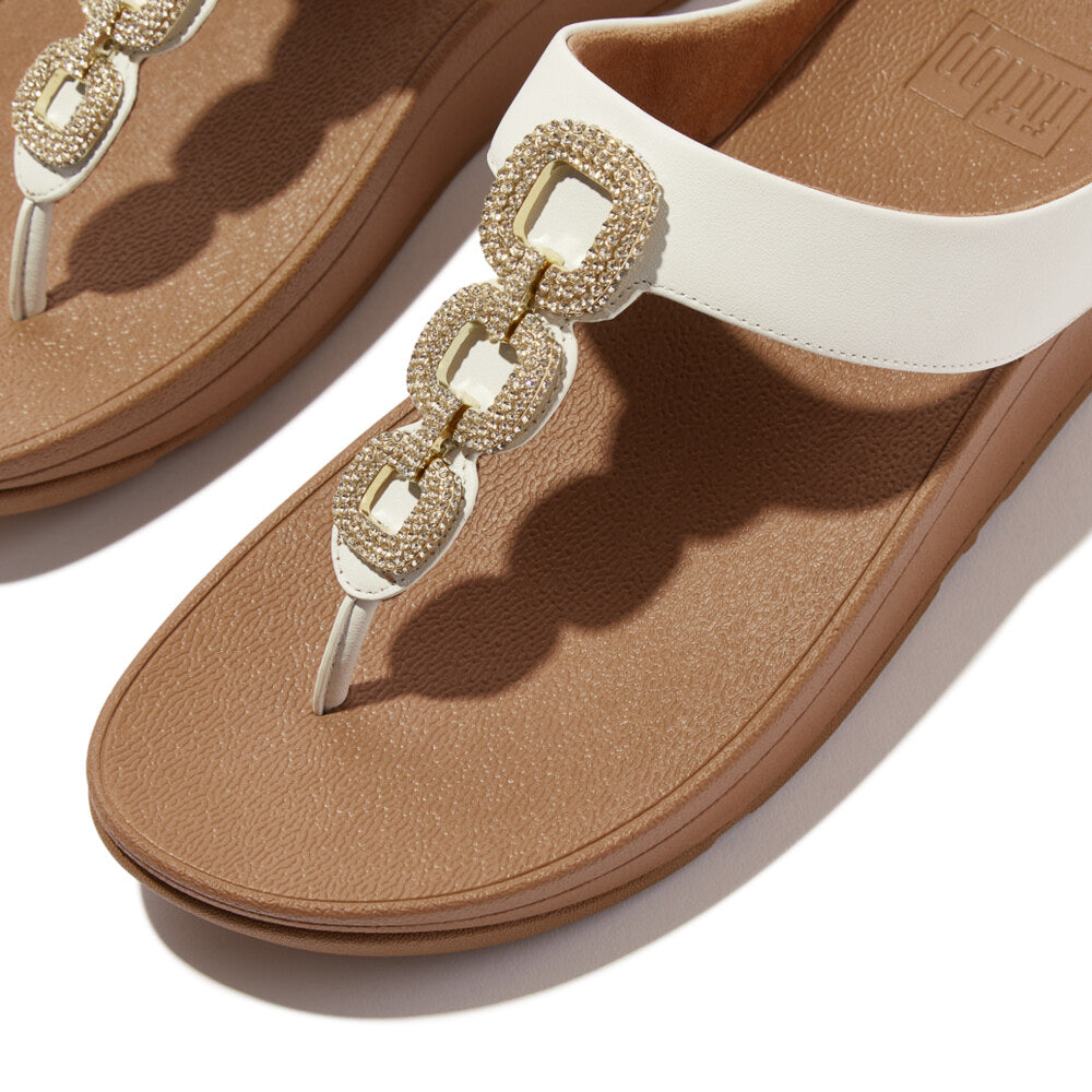 FitFlop FINO CRYSTAL-CHAIN Womens Toe Post Sandals Urban White top view showing plush footbed and elegant crystal chain detail.