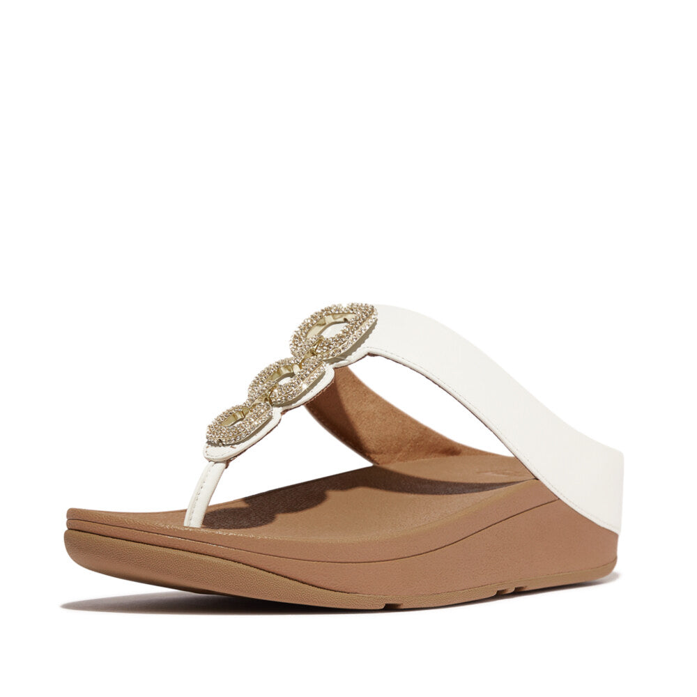 FitFlop FINO CRYSTAL-CHAIN Womens Toe Post Sandals Urban White side view featuring a platform heel and crystal chain details.