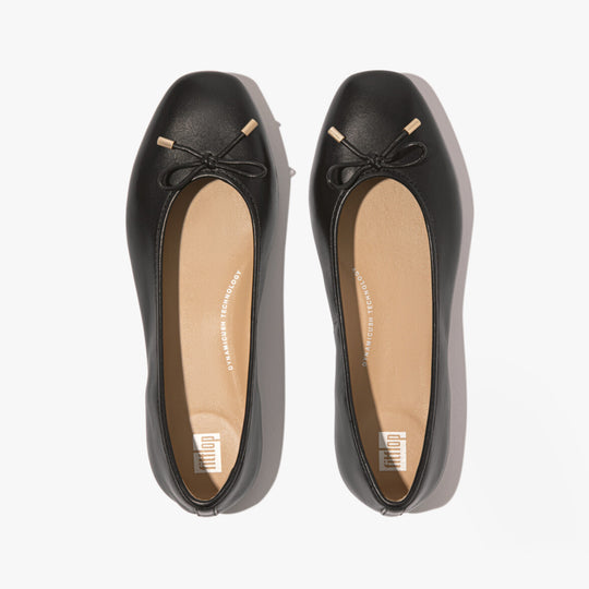 FitFlop DELICATO BOW Womens Ballet Flats Black top view showing leather upper and bow detail.