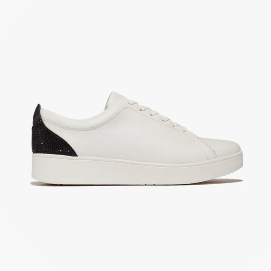 FitFlop RALLY CRYSTAL-BACKTAB Womens Trainers Black side view showcasing sleek design with crystal backtab detail.