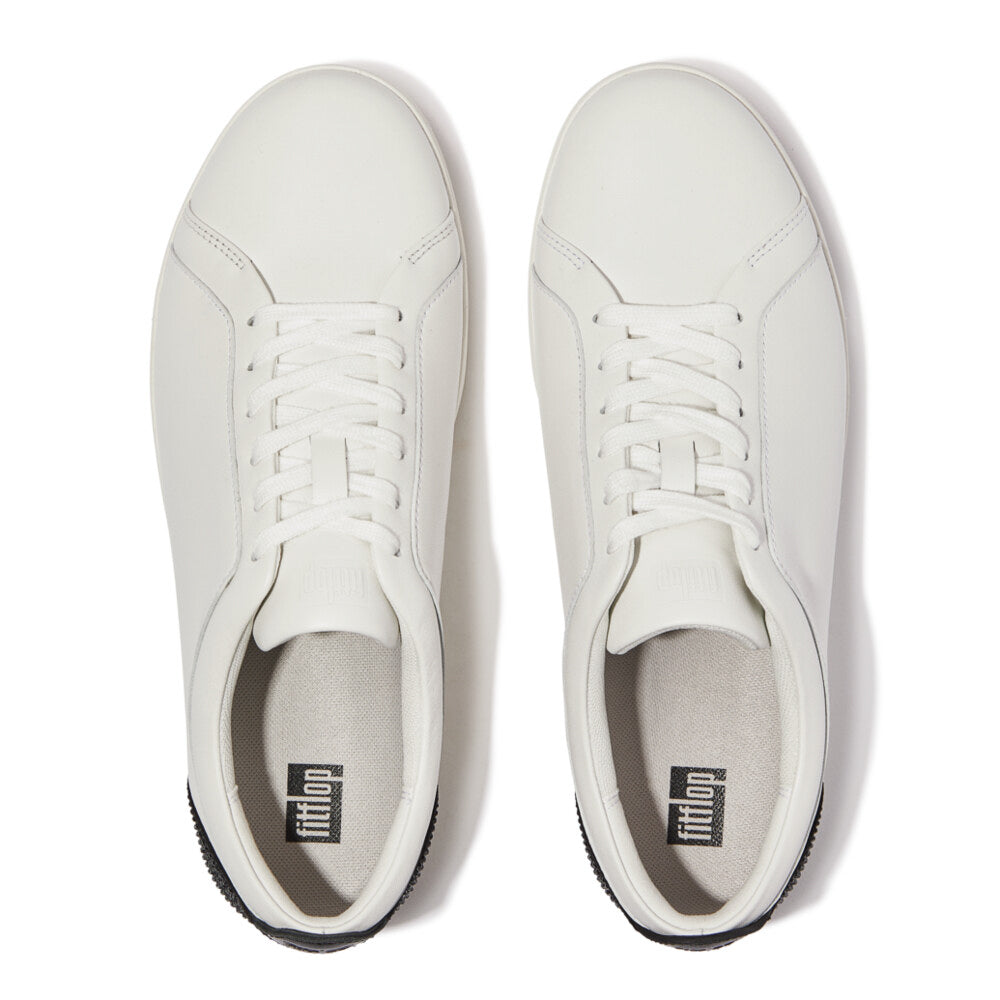 FitFlop RALLY CRYSTAL-BACKTAB Womens Trainers Black top view of casual black leather trainers with lace-up closure.