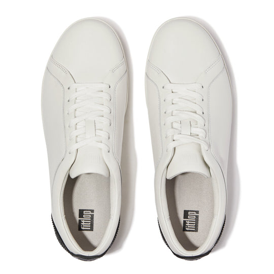 FitFlop RALLY CRYSTAL-BACKTAB Womens Trainers Black top view of casual black leather trainers with lace-up closure.