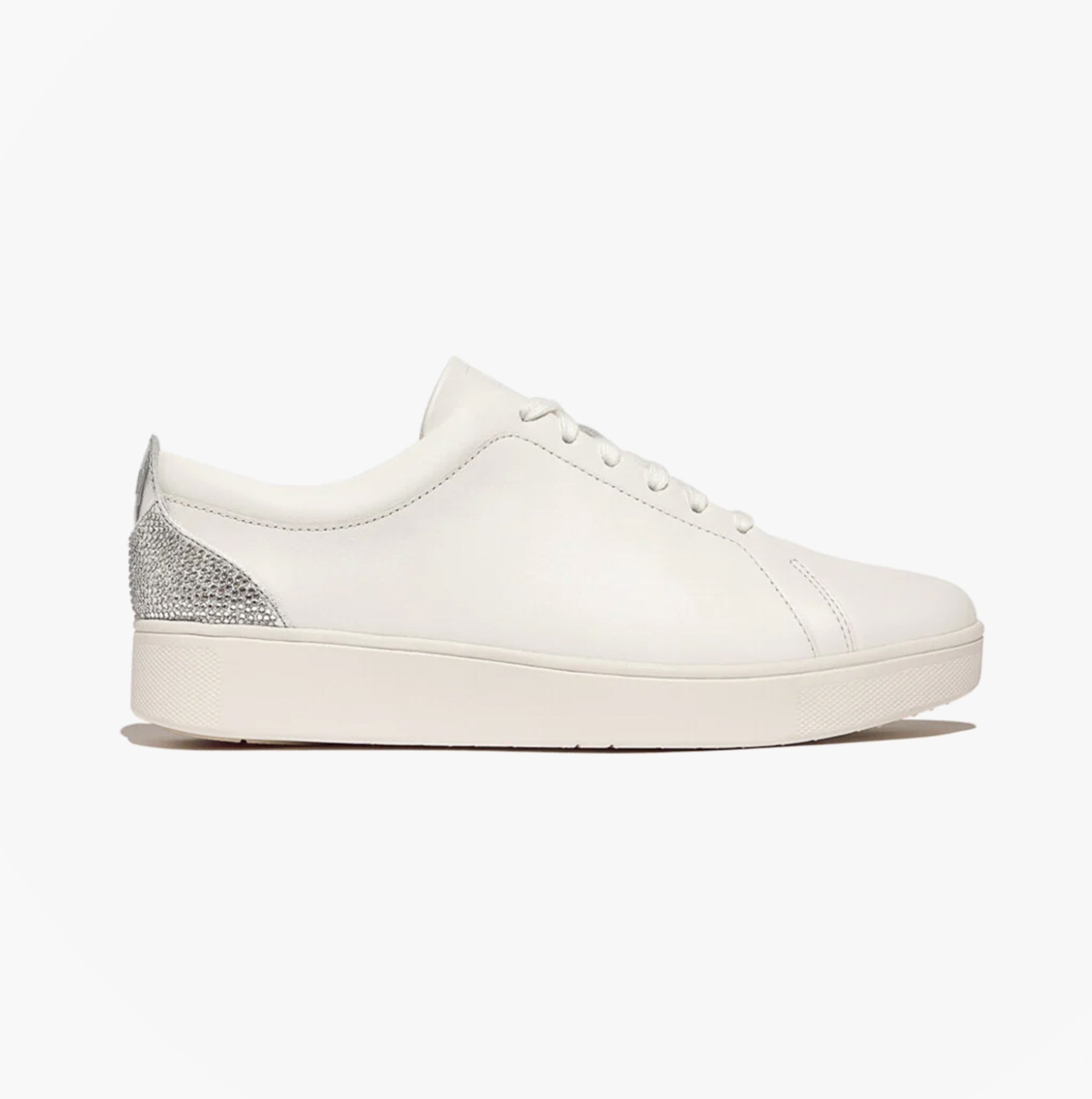 FitFlop RALLY CRYSTAL-BACKTAB Womens Trainers Urban White/Silver side view with leather upper and crystal back tab.