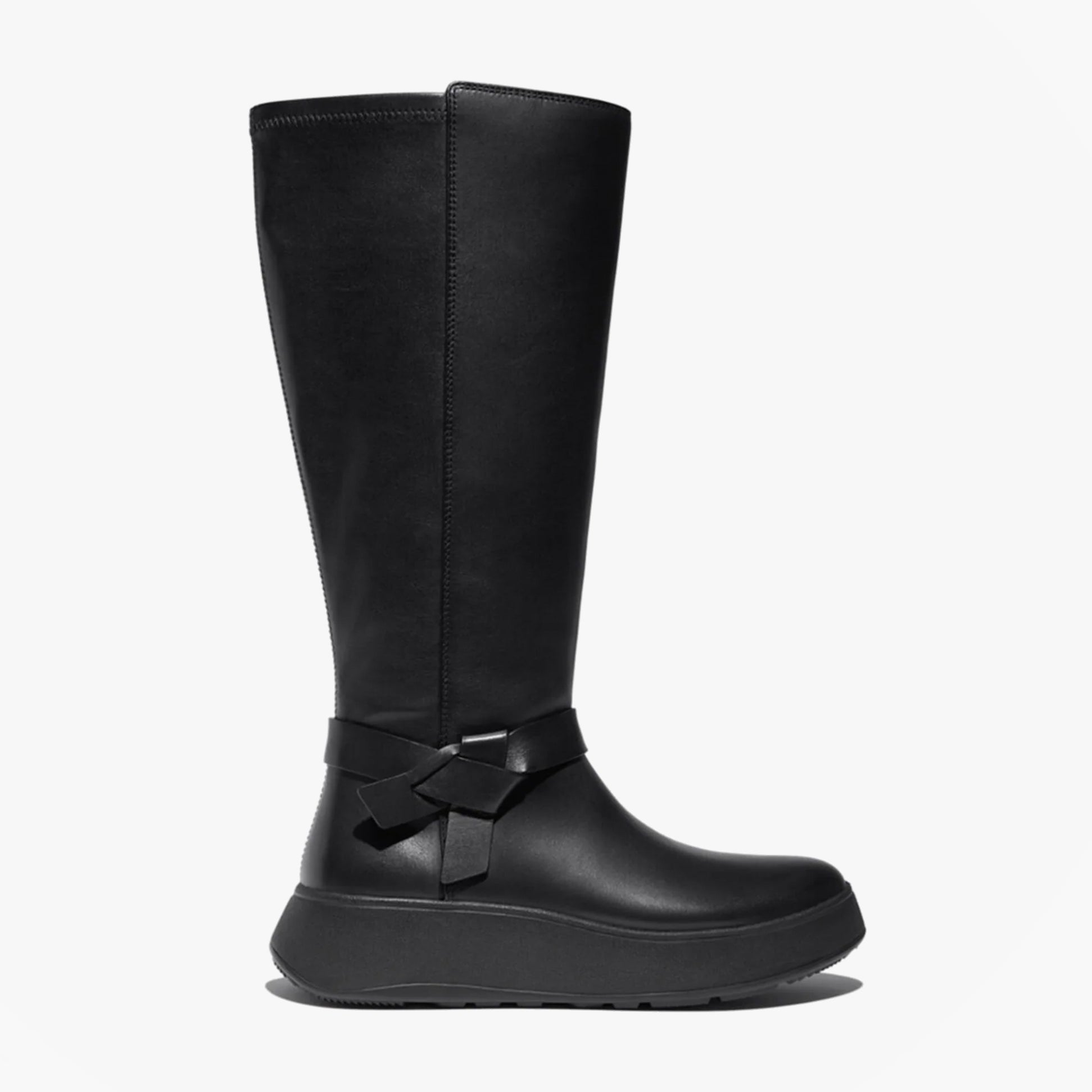 FitFlop F-MODE Womens Boots Black side view showing tall leather design and platform sole.