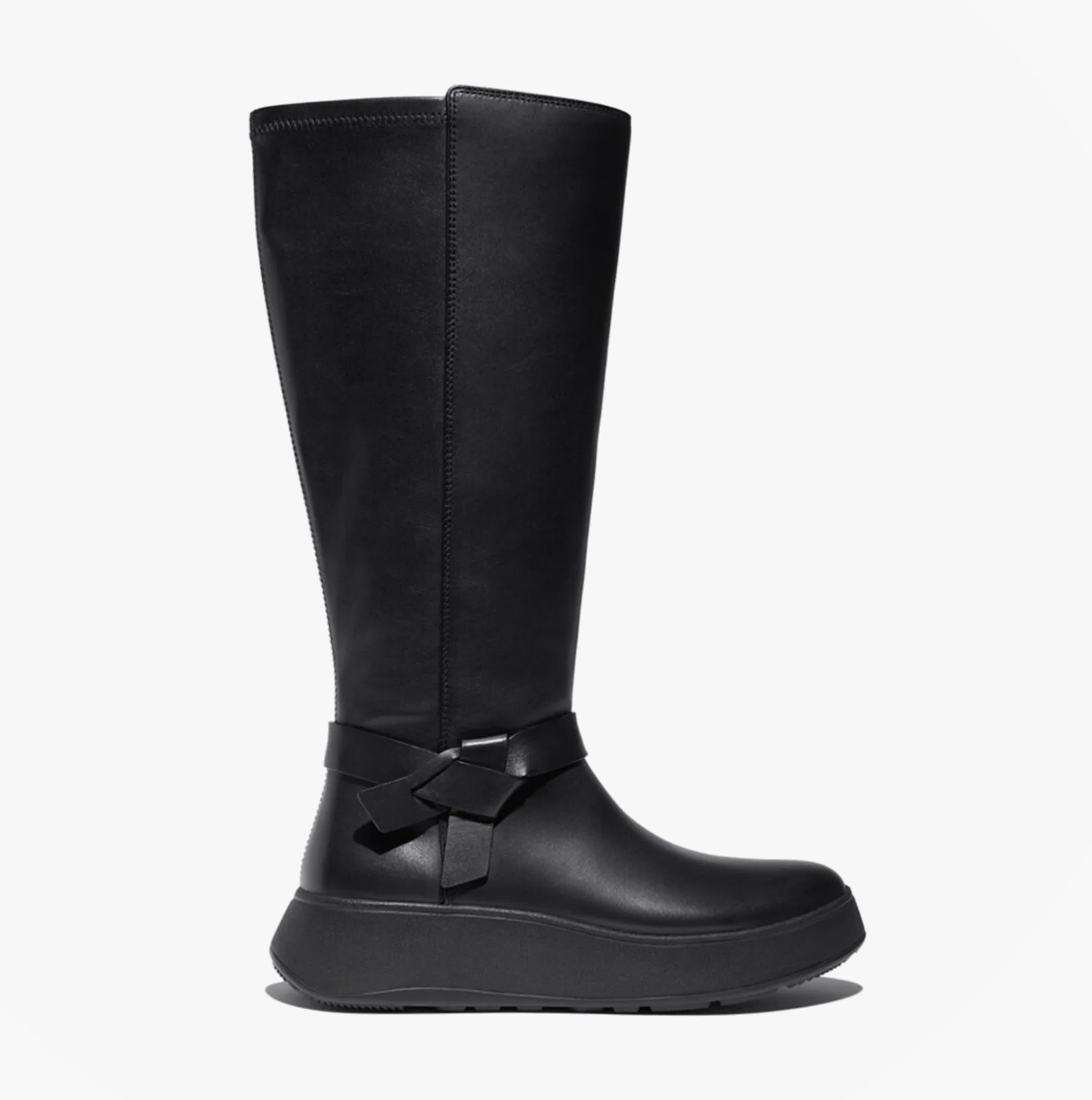 FitFlop F-MODE Womens Boots Black side view showing tall leather design and platform sole.