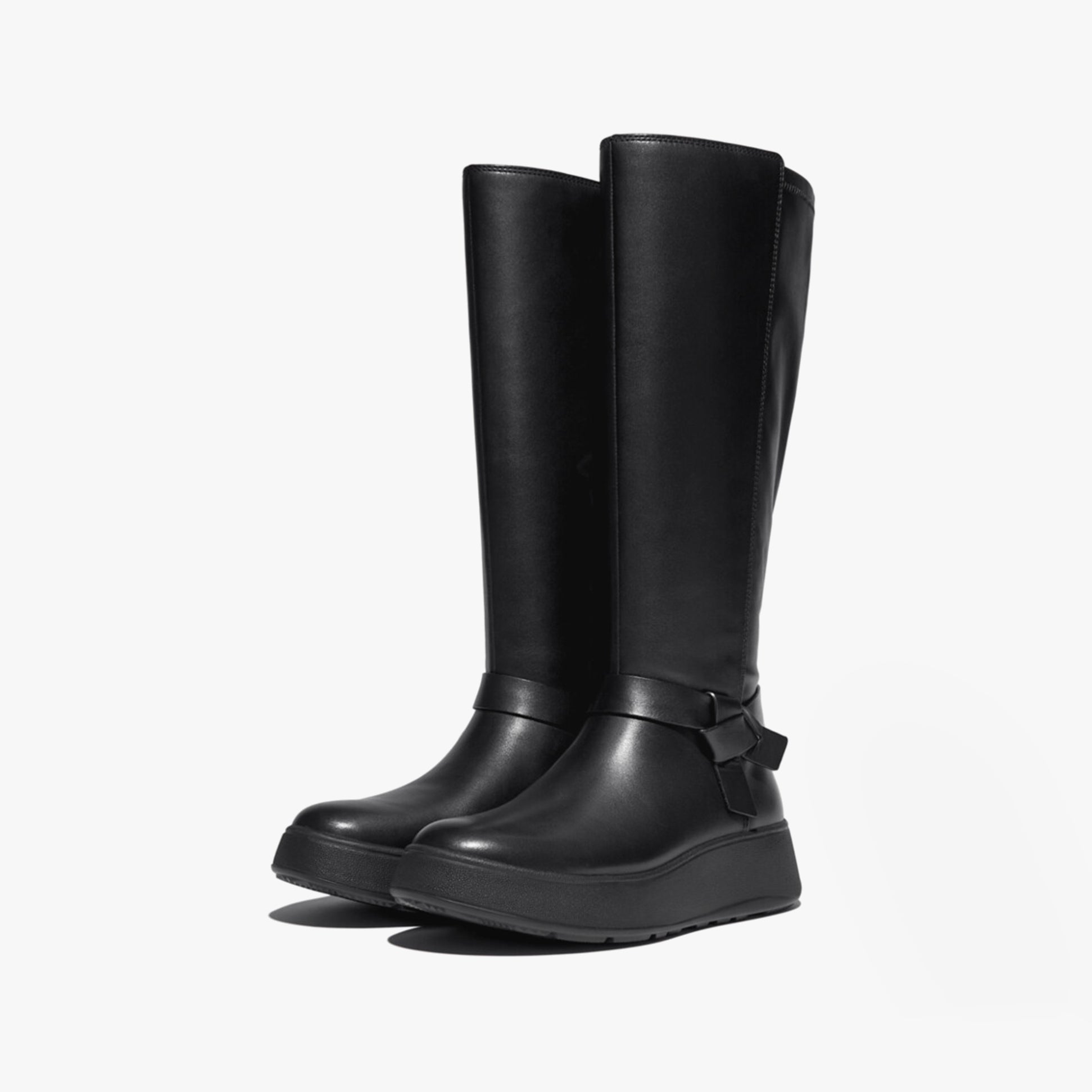 FitFlop F-MODE Womens Boots Black side view showcasing tall leather design and platform sole.