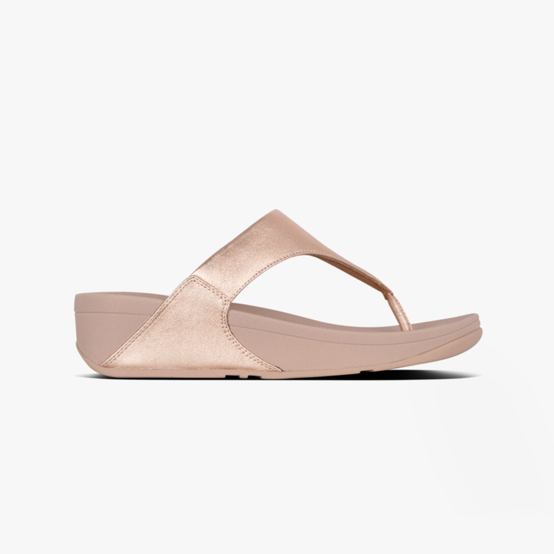 FitFlop LULU Womens Sandals Rose Gold side view featuring a sleek design with comfortable wedge heel.