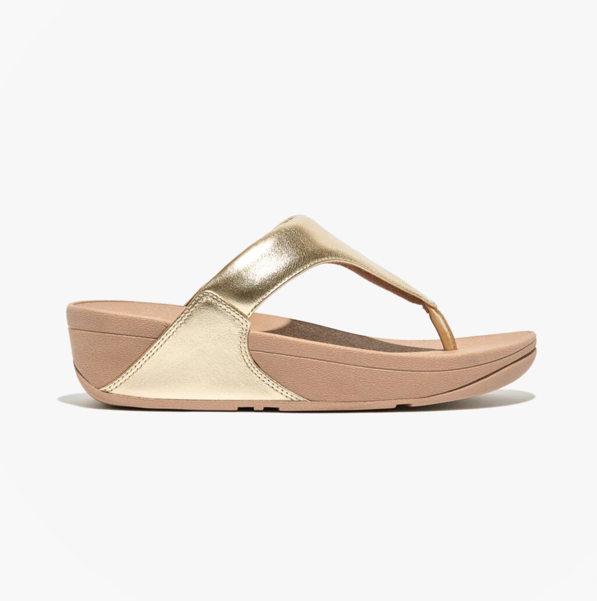 FitFlop LULU LEATHER Womens Toe Post Sandals Platino side view highlighting the metallic gold leather upper and platform sole.