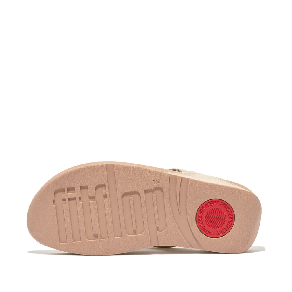 FitFlop LULU LEATHER Womens Toe Post Sandals Platino bottom view with rubber sole and logo detail.
