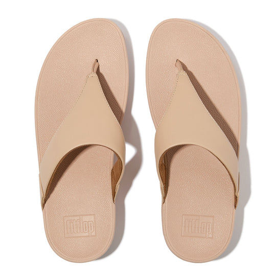 FitFlop LULU LEATHER Womens Toe Post Sandals Sandy Beige top view showing the stylish design and comfortable fit.