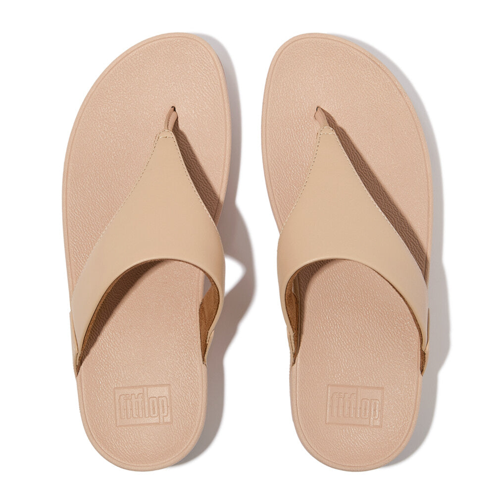 FitFlop LULU LEATHER Womens Toe Post Sandals Sandy Beige top view showing the stylish design and comfortable fit.