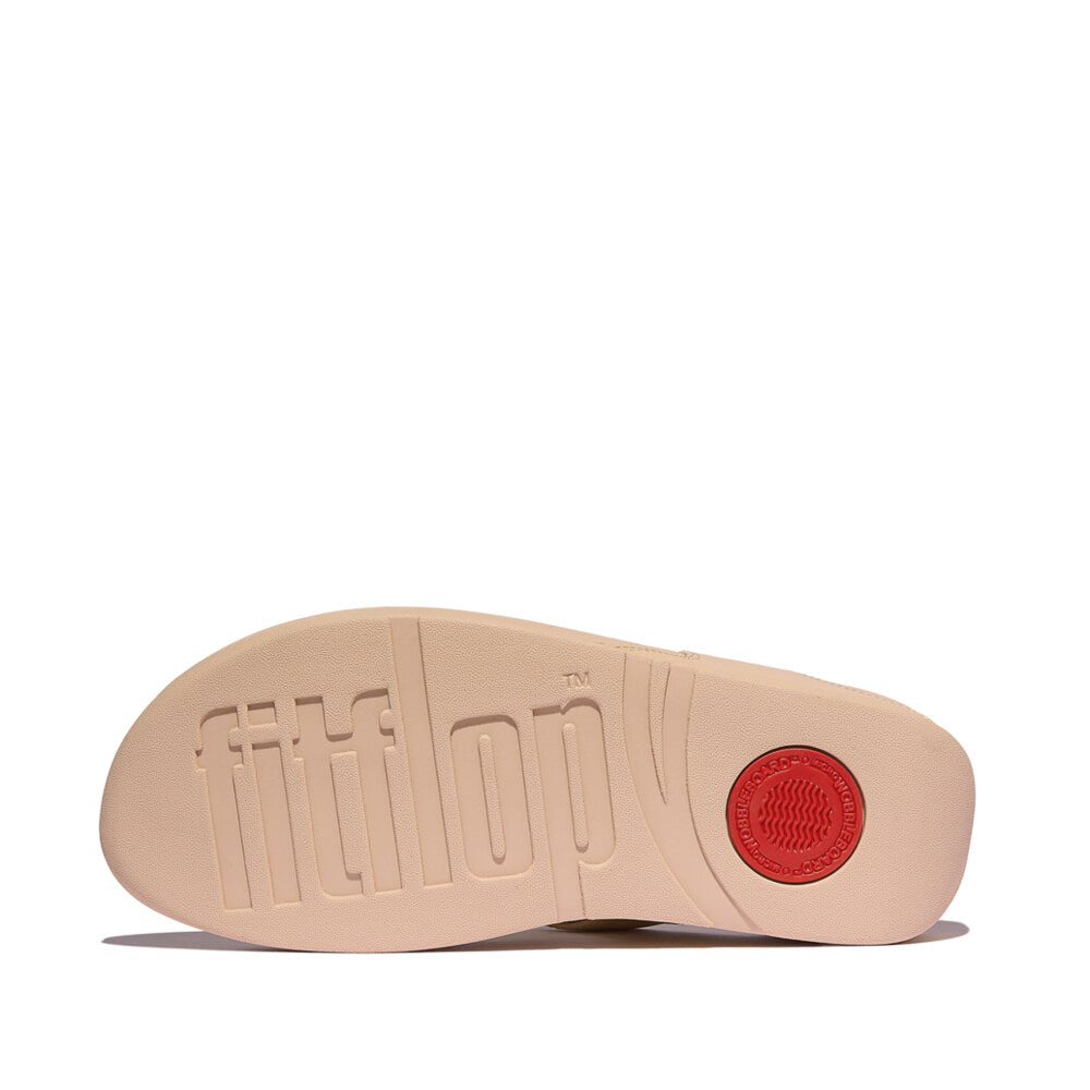 FitFlop LULU LEATHER Womens Toe Post Sandals Sandy Beige bottom view showing rubber sole and logo.