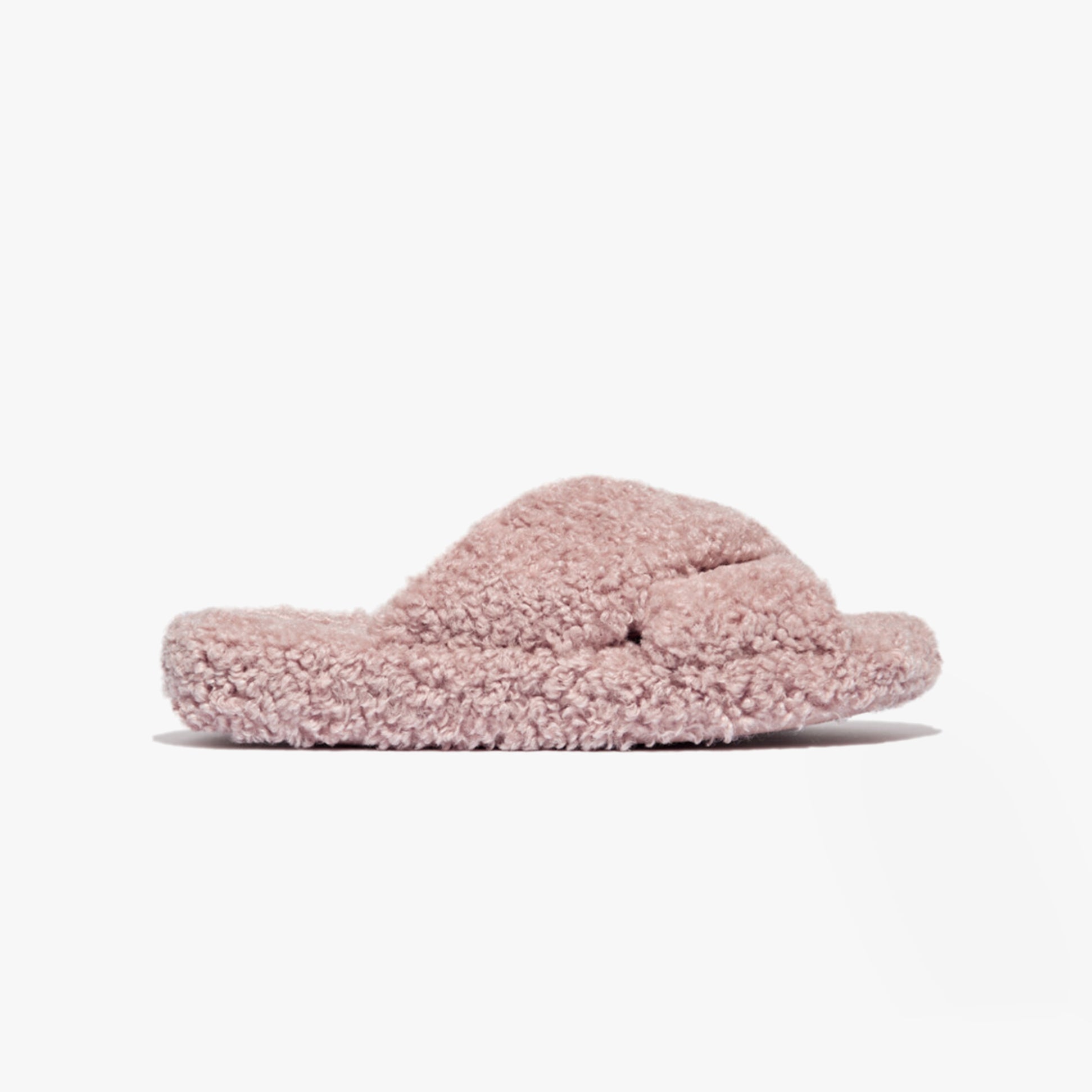 FitFlop iQUSHION D-LUXE Womens Cross Slides Dusky Pink side view showing plush texture and slip-on design.