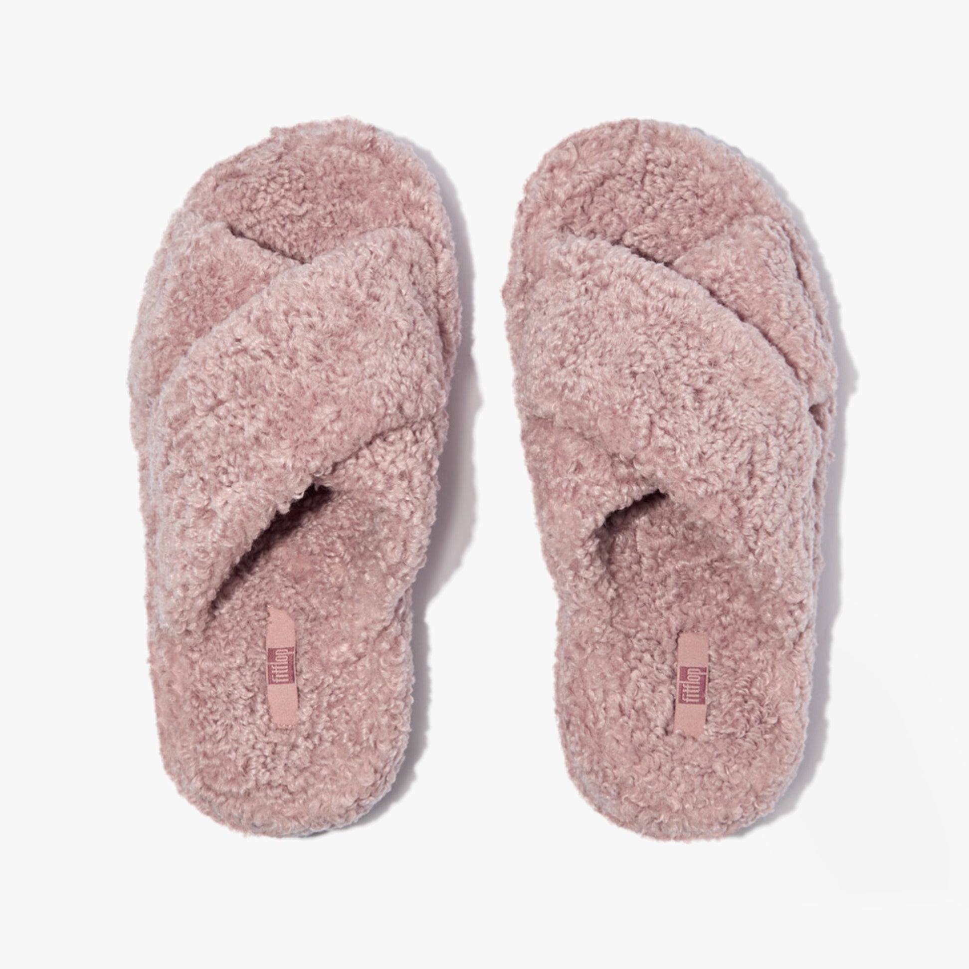 FitFlop iQUSHION D-LUXE Womens Cross Slides Dusky Pink top view showing soft polyester material and cross strap design.