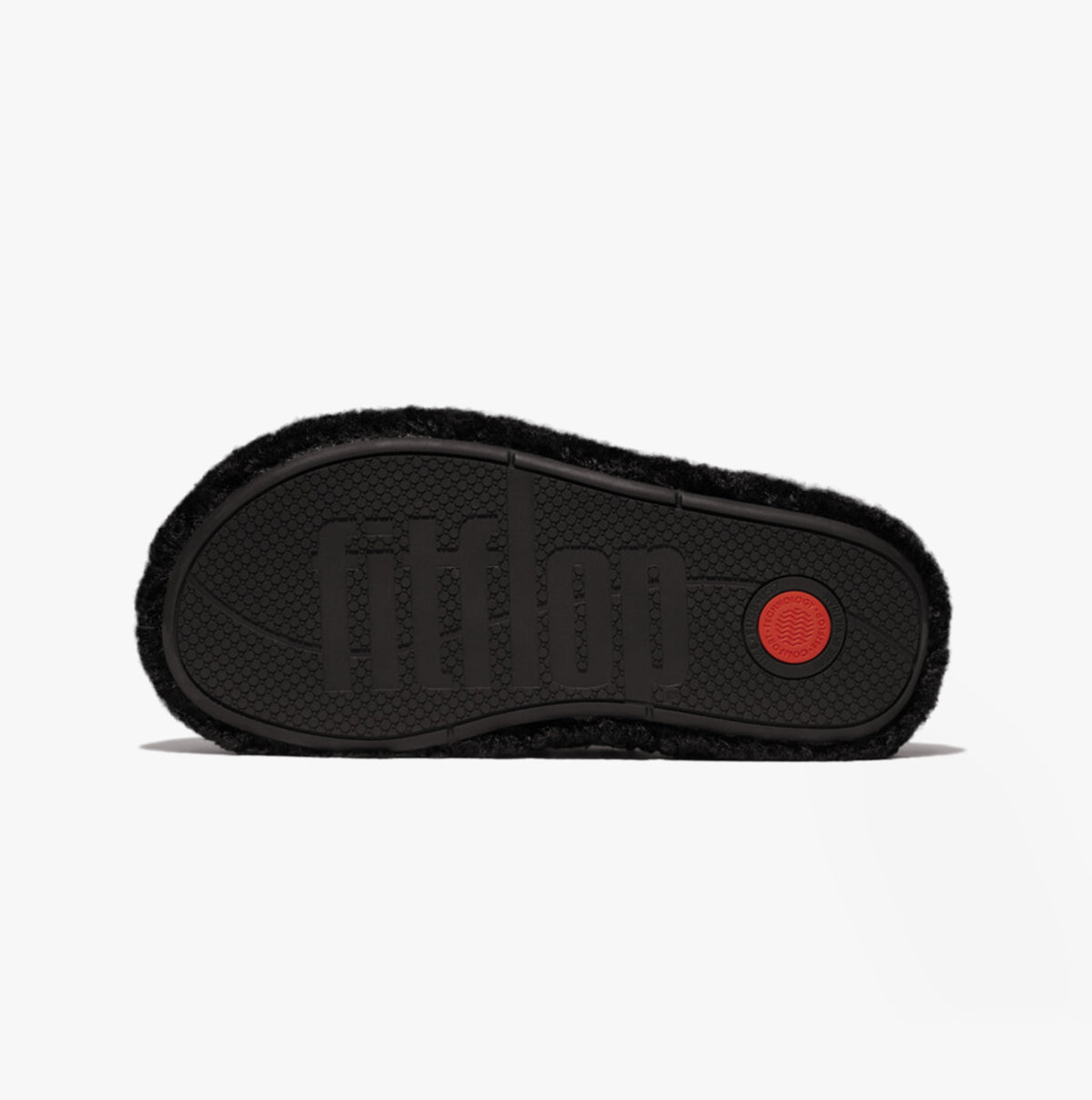 FitFlop iQUSHION D-LUXE Womens Mule Slippers All Black bottom view showing rubber sole with red detail.