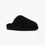 FitFlop iQUSHION D-LUXE Womens Mule Slippers All Black side view showing soft textile upper and round toe shape.