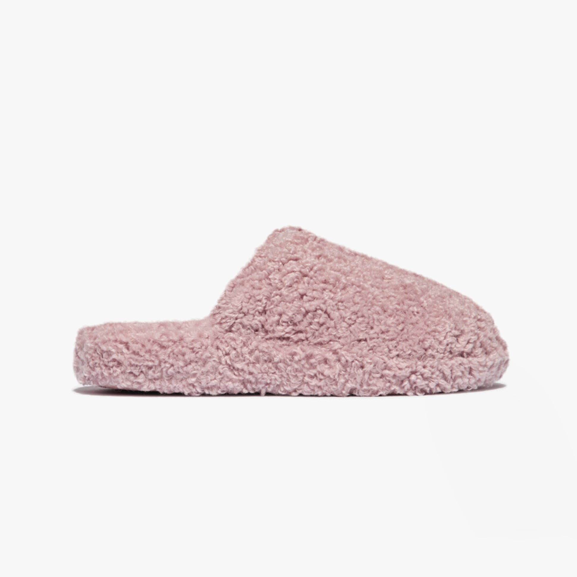 FitFlop iQUSHION D-LUXE Womens Mule Slippers Dusky Pink side view showing soft textile upper and round toe design