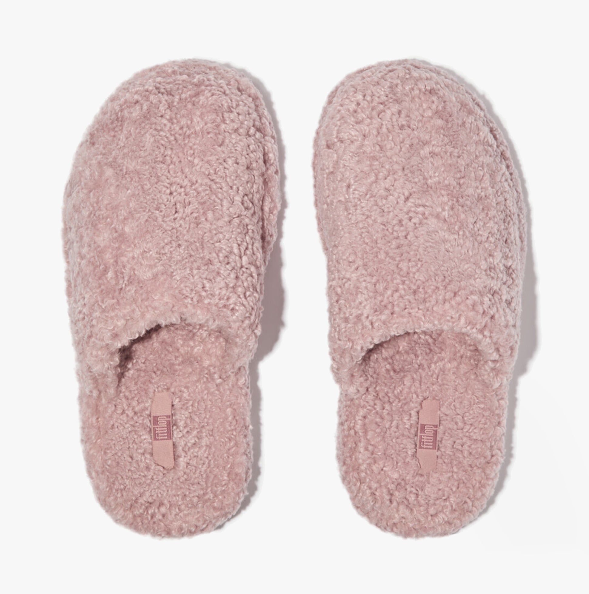 FitFlop iQUSHION D-LUXE Womens Mule Slippers Dusky Pink top view showing soft textile upper and slip-on design.