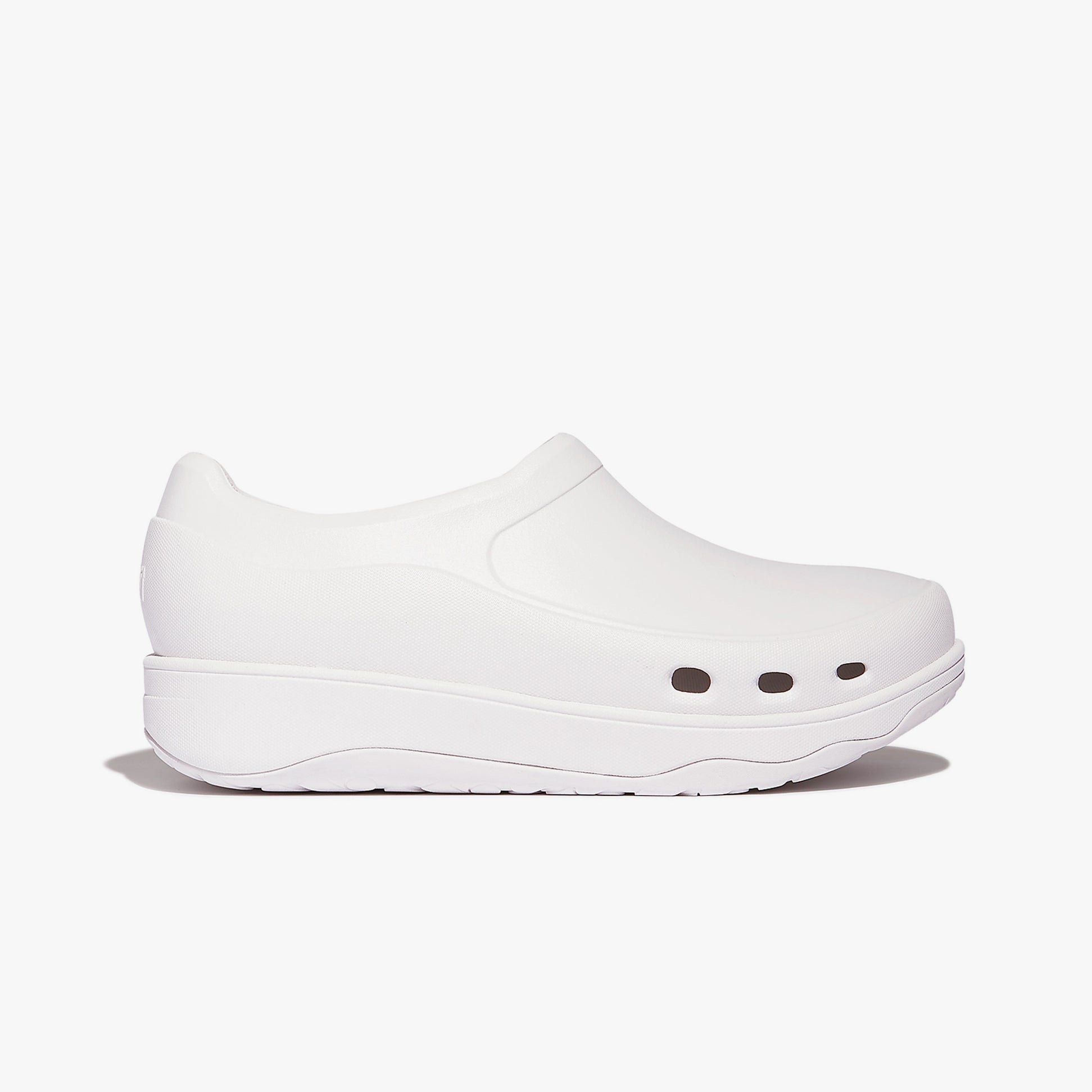 FitFlop WORK HIGH-PERFORMACE Womens Clogs Urban White side view showing smooth EVA upper and slip-on design.